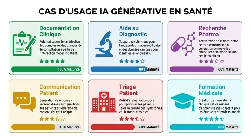 Cas d'usage IA générative en santé — 6 domaines avec niveaux de maturité