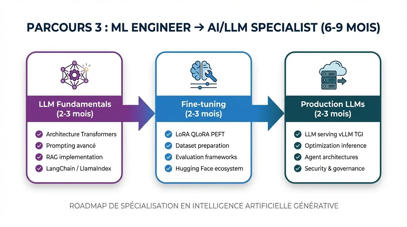 Parcours ML Engineer vers AI/LLM Specialist — 3 phases sur 6-9 mois